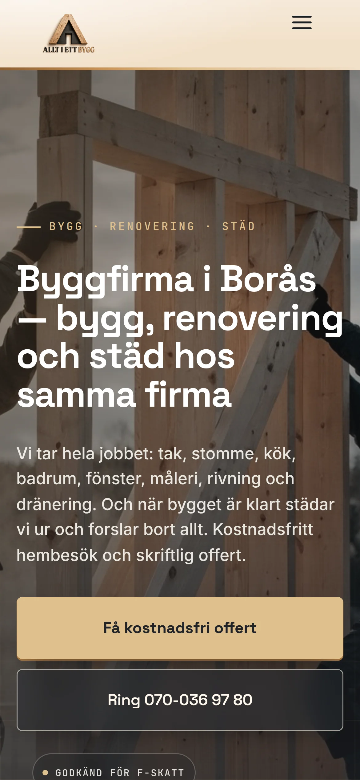 Mobilvy av Allt i ett Byggs startsida med menyknapp, tjänsterubrik och separata offert- och telefonknappar.