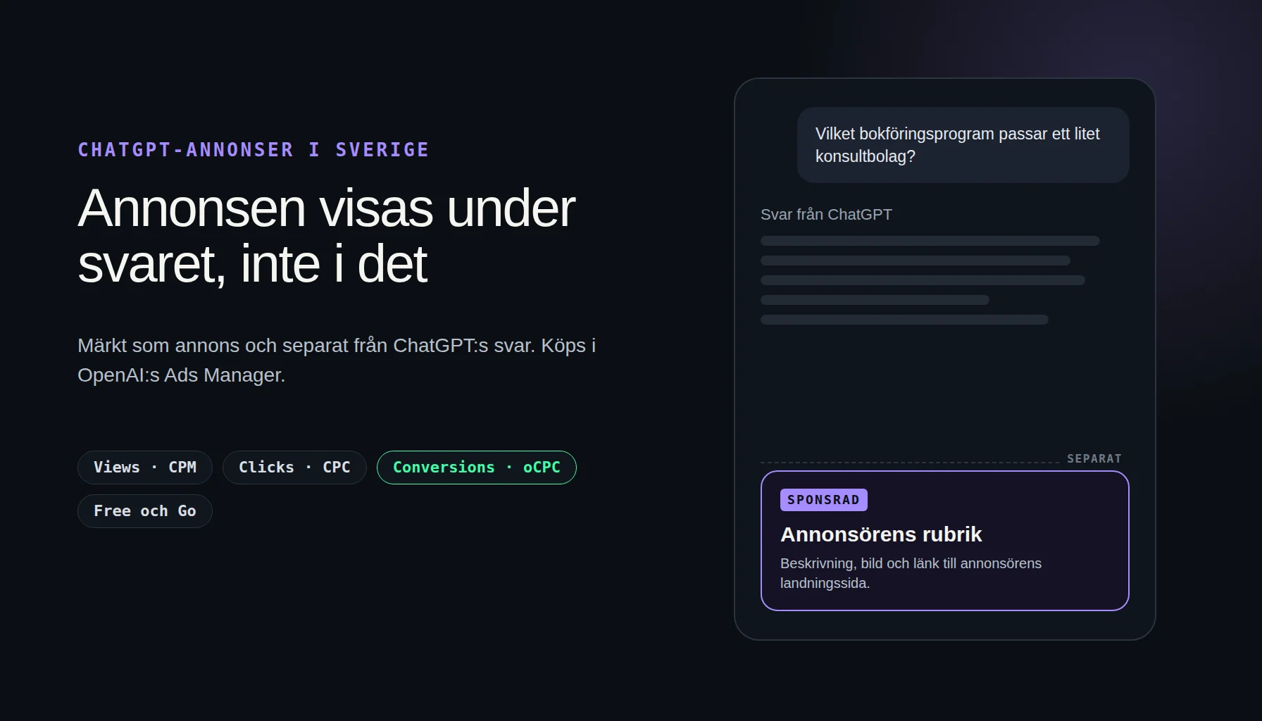 ChatGPT-annonser i Sverige: en sponsrad annons visas märkt och separat under ChatGPT:s svar, med köpmodellerna Views, Clicks och Conversions